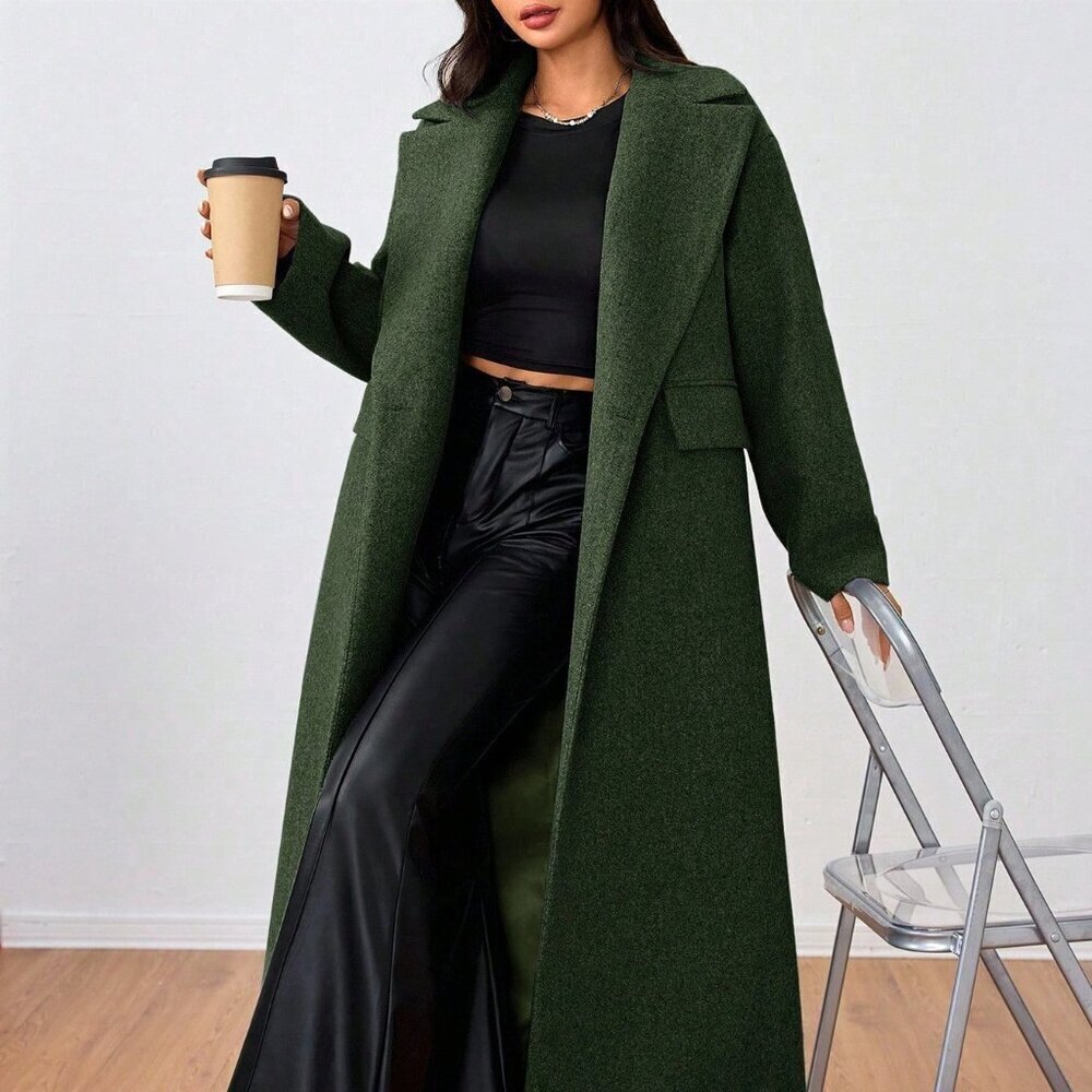 Army Green Casual Women's Lapel Long Coat - Picture 4 of 6
